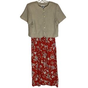 EJM Dress Set Womens 8 Multi Floral Solid Button Jacket Linen Blend Cottagecore